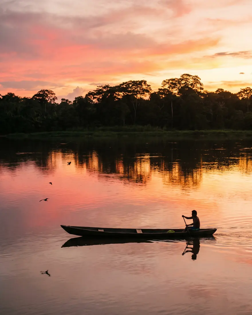 Río Amazonas al atardecer con la selva en el horizonte