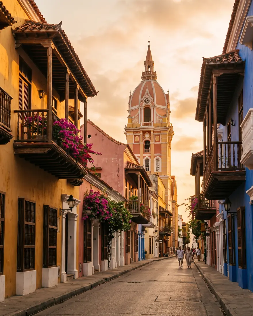 Calles coloniales de colores en la ciudad amurallada de Cartagena