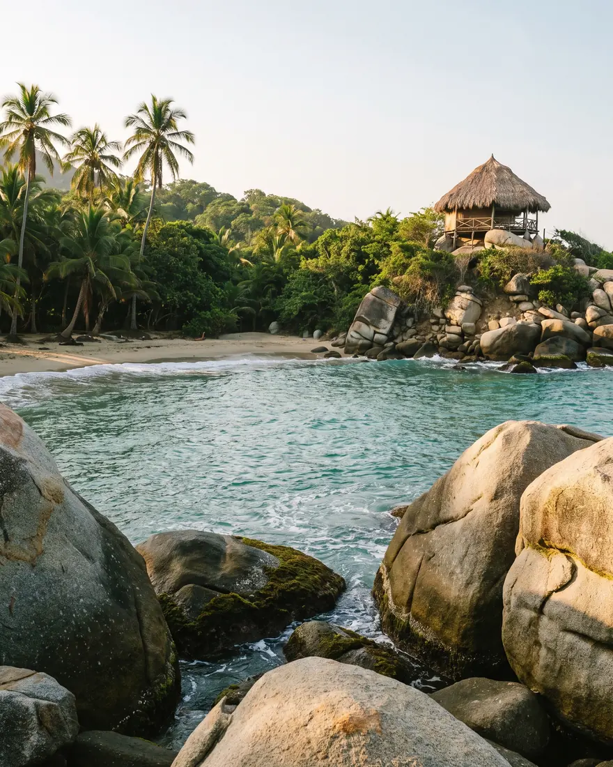 Playa del Parque Tayrona con selva y rocas en Santa Marta