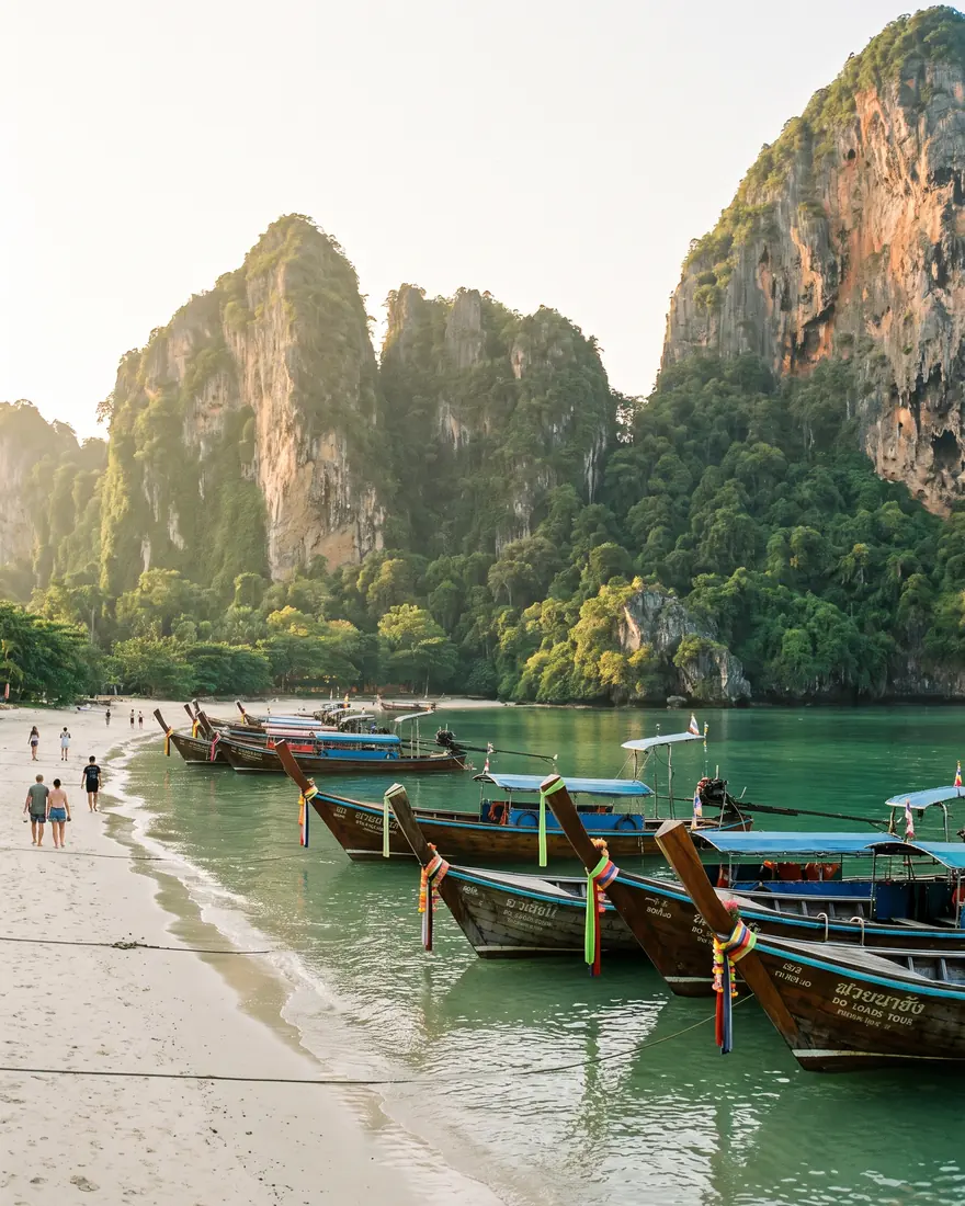 Barcas tradicionales en una playa de acantilados en Tailandia